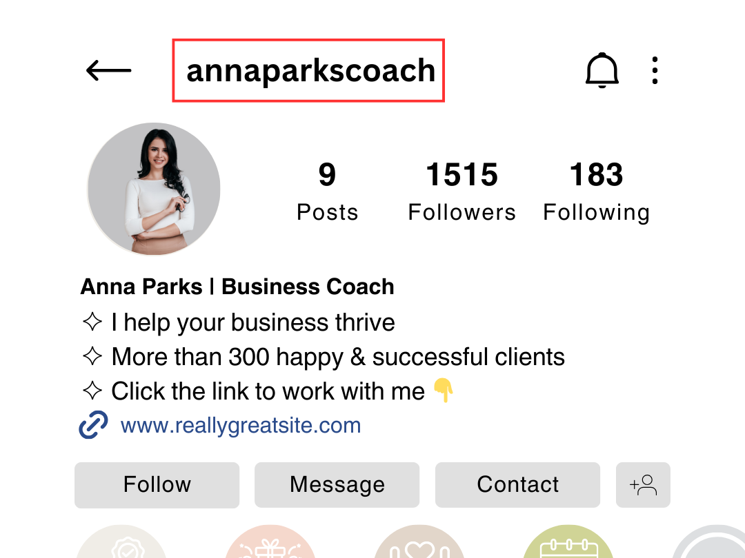 Business Instagram profile with the Instagram username highlighted